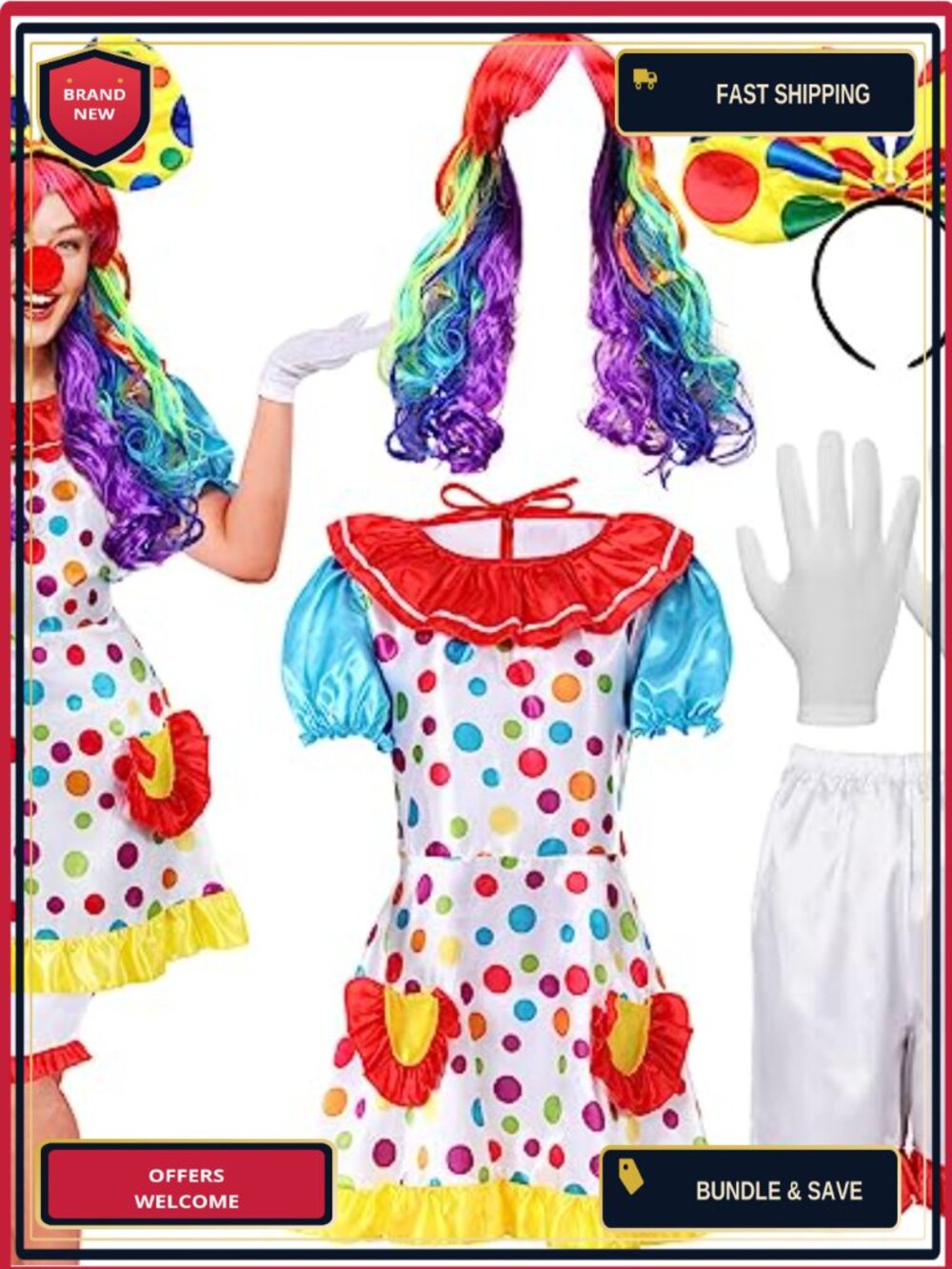 Clown Costume Set Dress Shorts Rainbow Wig Gloves Nose Women